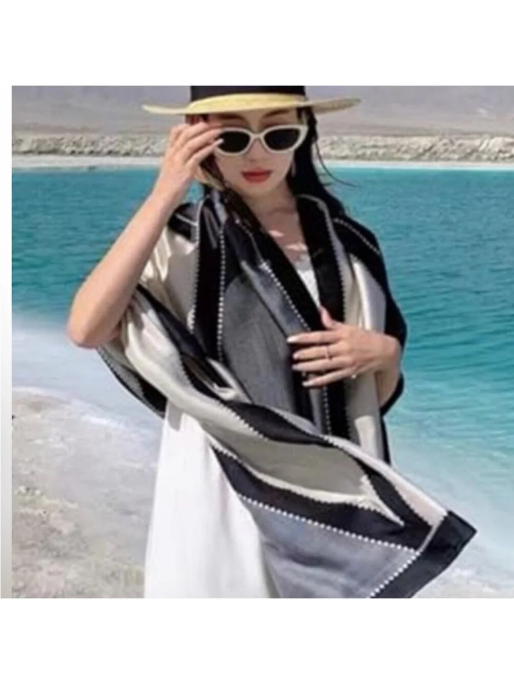 Elegant Silky Black & White Scarf Shawl Lightweight Floral Satin Scarf Trendy
